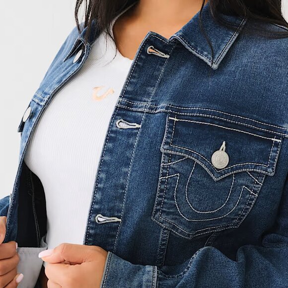 True Religion Women's NWT Printed Oversized Denim Jacket Size L - Picture 3 of 16